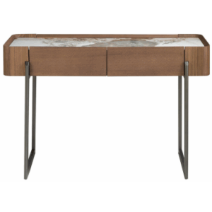 Konsolbord i stål, porcelæn og valnøddefinér H76 x B120 x D40 cm - Grå/Valnød/Marmor