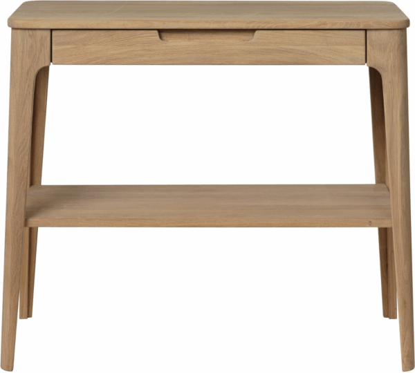 Konsolbord Amalfi Nordique Design i massiv egetræ med sort metalbase, skuffe og åben hylde H78xB37xD90 cm
