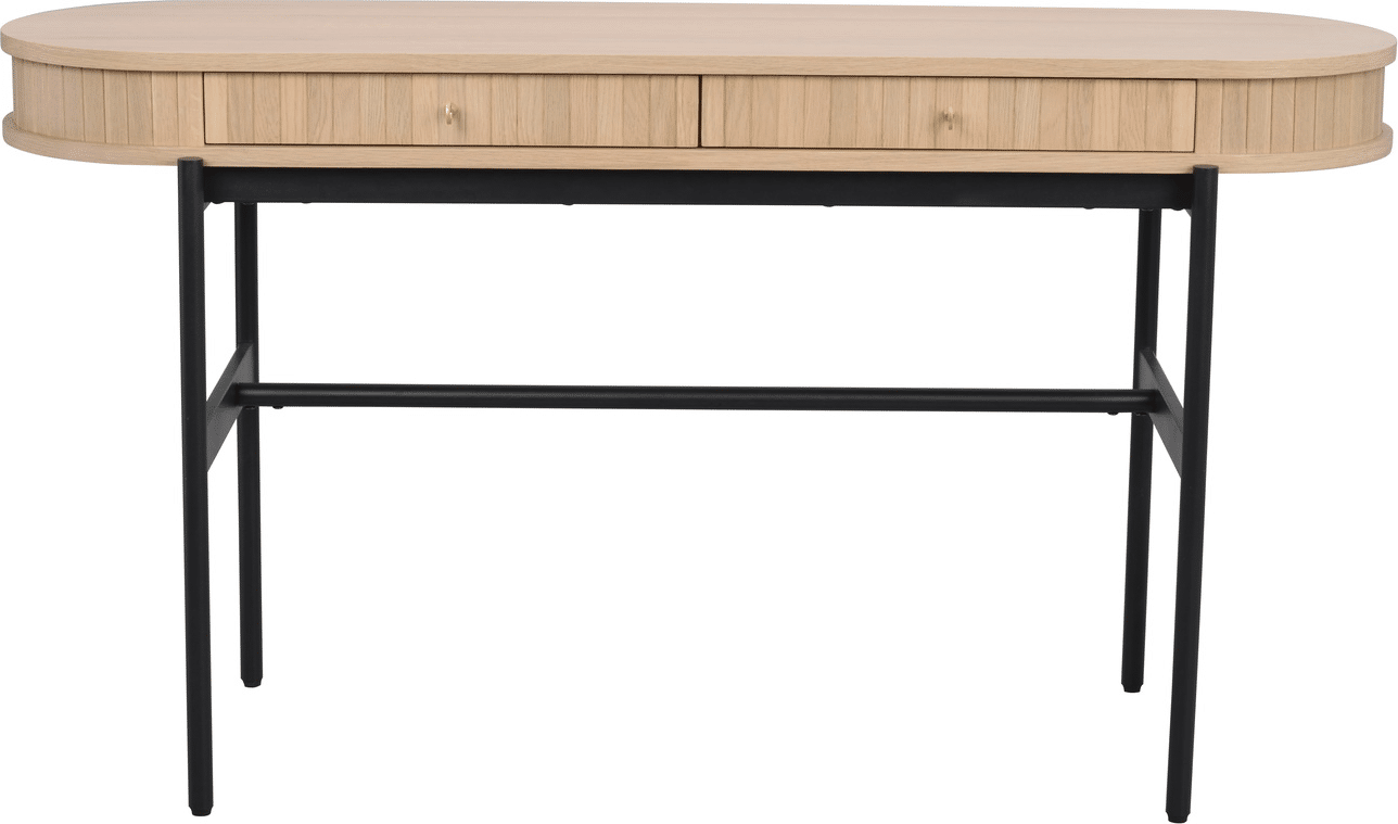 Rowico Haddington konsolbord 142x47x77 cm i hvidkalket egetræ med sort metalbase og 2 skuffer med softlukning