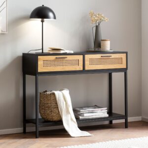Konsolbord i sort og naturfarve med flet, 100x30x75 cm
