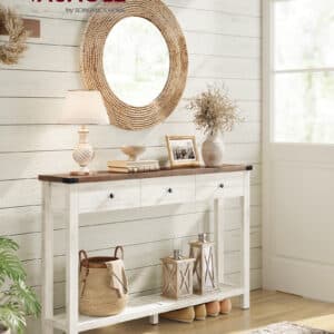 VASAGLE Konsolbord, Sidebord, Smalt Sofabord med 3 Skuffer og En Hylde, Til Entre, Stue, Landlig Stil, Honningbrun, Vintage Hvid, LNT142WJ01